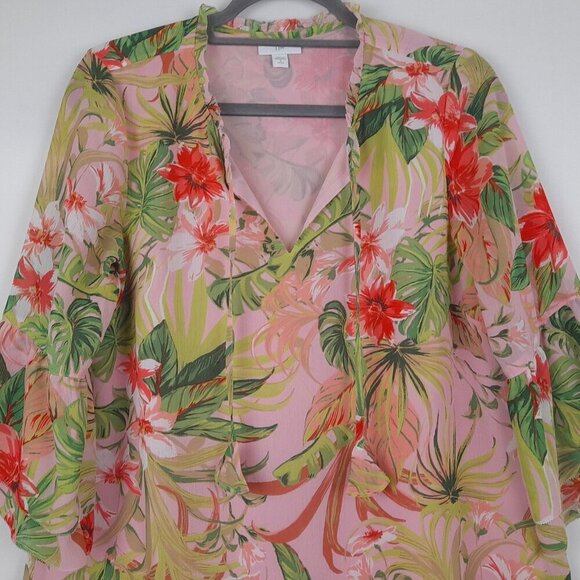 J.Jill Size Petite S Multicolor Tropical Floral Flowy 3/4 Bell Sleeve Tu… - Picture 2 of 10